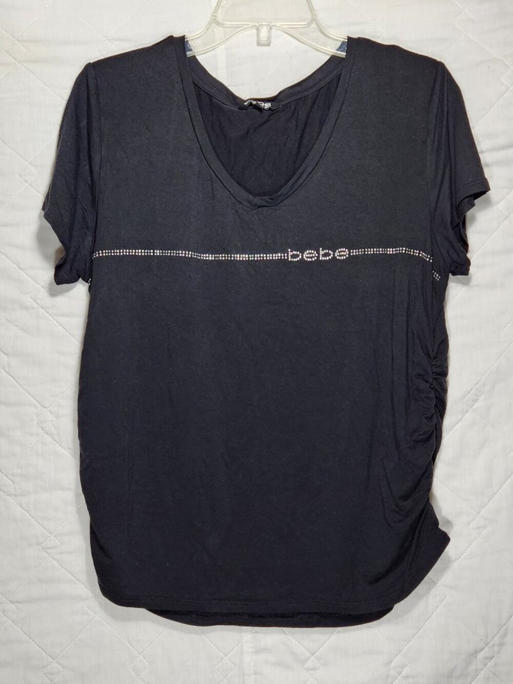 Bebe Sport Black T-Shirt Size L Rhinestone Logo Silver Ruched Side Tee Y2K Glam